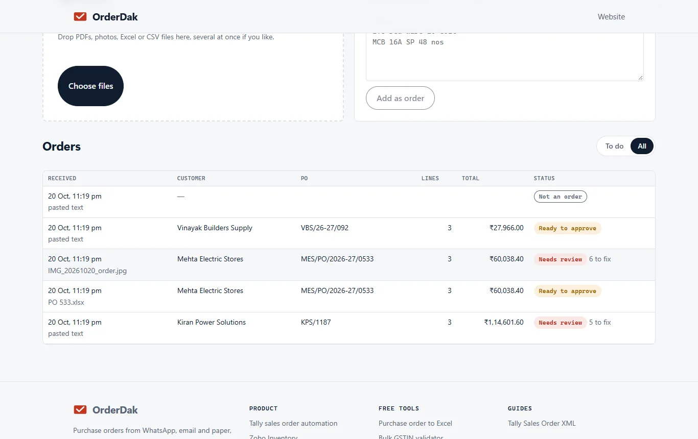 OrderDak inbox listing sample orders with their customer, PO number, line count, total and status